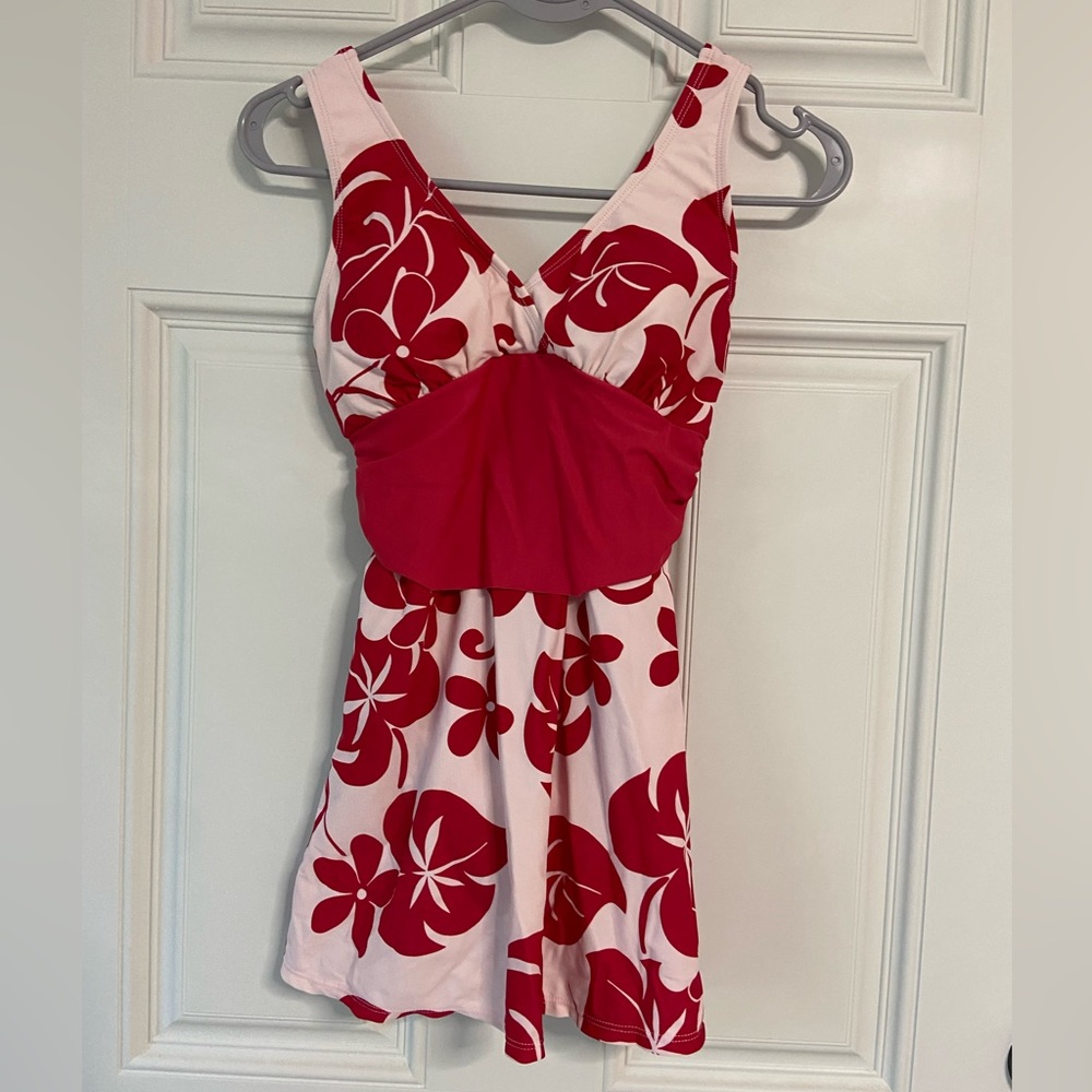 #1- OCONA Red-Pink Floral Skirted Swimsuit